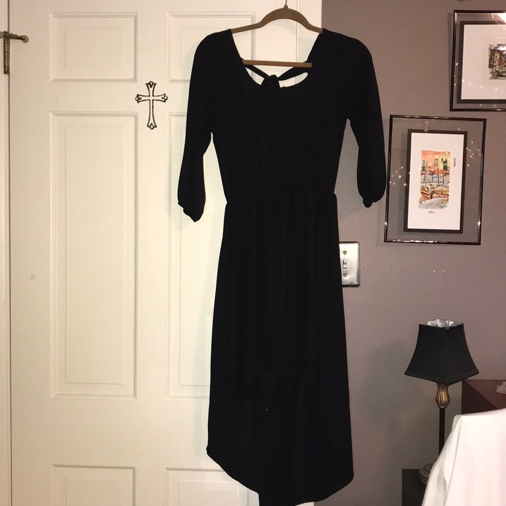 3/4 sleeve high low black cocktail dress